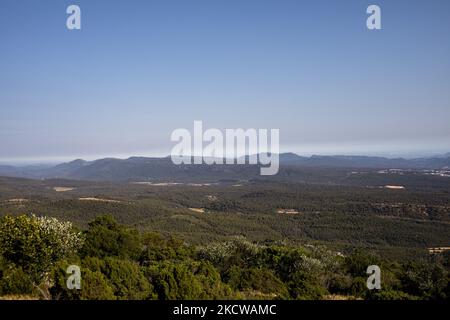 Plan-d'Aups-Sainte-Baume, Frankreich, 22. Juli 2021. Eine allgemeine Ansicht des Massif de la sainte baume vom Col du Pilon. Das Sainte-Baume-Massiv ist wegen seines heiligen Charakters, der mit dem Heiligtum von Sainte Marie-Madeleine verbunden ist, lange vor dem Holzeinschlag bewahrt worden und beherbergt einen herrlichen Buchenwald.(Foto by Emeric Fohlen/NurPhoto) Stockfoto