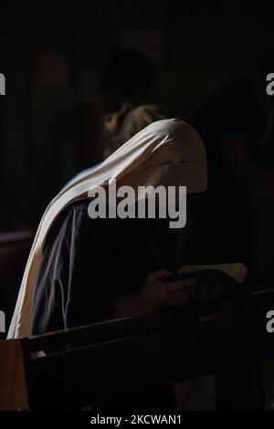 Plan-d'Aups-Sainte-Baume, Frankreich, 22. Juli 2021. Pilger während der Messe in der Höhle. Wie jedes Jahr laden die Dominikanerbrüder die Pilger ein, sich der Prozession der Reliquien durch den Wald der sainte-Baume zur Höhle anzuschließen, wo eine Messe gefeiert wird.(Foto: Emeric Fohlen/NurPhoto) Stockfoto