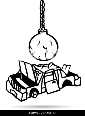 Ein Auto wird mit einer Stahlkugel an einer Kette verschrottet Stock Vektor
