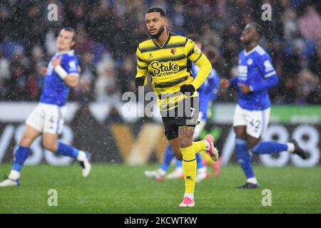 Joshua King of Watford feiert am 1-1 Sonntag, den 28.. November 2021, nachdem er ein Tor erzielt hat, um es beim Premier League-Spiel zwischen Leicester City und Watford im King Power Stadium, Leicester, zu erreichen. (Kredit: Jon Hobley | MI News) (Foto von MI News/NurPhoto) Stockfoto