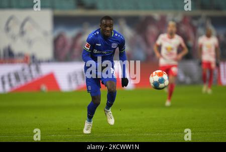 Moussa Diaby aus Leverkusen beim RB Leipzig gegen Leverkusen, Bundesliga, im Redbull-Stadion, Leipzig, Deutschland am 28. November 2021. (Foto von Ulrik Pedersen/NurPhoto) Stockfoto