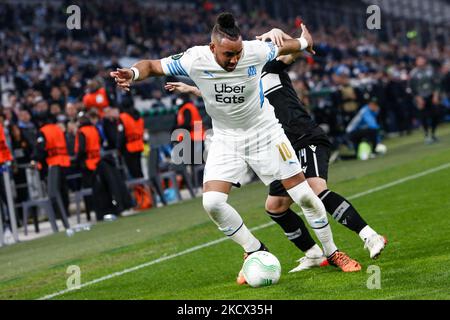 Marseille, Frankreich. 7. April 2022. Marseille-Spieler Dimitri Payet bei einem Fußballspiel der UEFA Conference League zwischen Olympique Marseille und dem FC PAOK in Aktion (Foto: © Giannis Papanikos/ZUMA Press Wire) Stockfoto