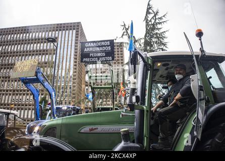 Zwei Rancher lächeln vor dem Protest vor der Kamera. Die Plakate, die gelesen werden können, beinhalten seine Position: "Rancher in Ruinen. Wir fordern faire Preise" und auf der linken Seite: "Ohne Rancher gibt es kein Naturparadies." Oviedo. Asturien. Spanien. Am 2. Dezember 2021. (Foto von Alvaro Fuente/NurPhoto) Stockfoto