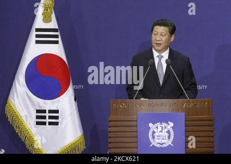 Xi Jinping, Generalsekretär der Kommunistischen Partei Chinas, spricht während eines Sondervortrags an der Seoul National University in Seoul, Südkorea, auf diesen Fotos, die am 4. Juli 2014 aufgenommen wurden. (Foto von Seung-il Ryu/NurPhoto) Stockfoto