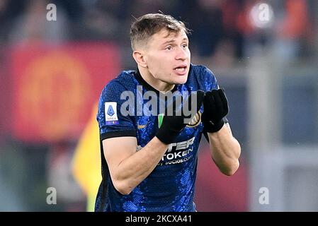 Nicolo' Barella vom FC Internazionale reagiert am 4. Dezember 2021 im Stadio Olimpico, Rom, während des Serie A-Spiels zwischen AS Roma und FC Internazionale Calcio. (Foto von Giuseppe Maffia/NurPhoto) Stockfoto