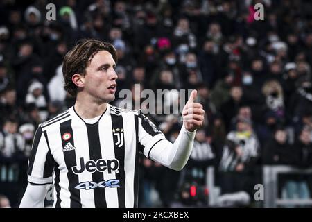 Juventus-Verteidiger Luca Pellegrini (17) Gesten während des Serie-A-Fußballspiels Nr.16 JUVENTUS - GENUA am 05. Dezember 2021 im Allianz-Stadion in Turin, Piemont, Italien. (Foto von Matteo Bottanelli/NurPhoto) Stockfoto