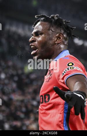 Atalanta-Stürmer Duvan Zapata (91) feiert sein Tor, das er beim Fußballspiel der Serie A, Nr. 14 JUVENTUS - ATALANTA, am 27. November 2021 im Allianz-Stadion in Turin, Piemont, Italien, auf den 0-1. Platz brachte. Endergebnis: Juventus-Atalanta 0-1. (Foto von Matteo Bottanelli/NurPhoto) Stockfoto