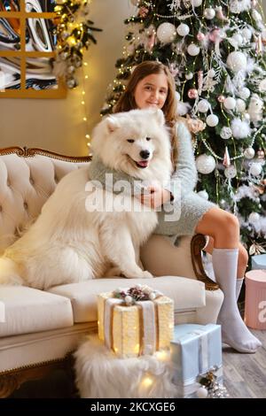 Kleines niedliches Mädchen, das mit einem Samoyed-Hund auf dem Sofa sitzt Stockfoto