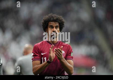 (11) AKRAM AFIF von Qatar Team während des FIFA Arab Cup Qatar 2021 Quarter-Final Match zwischen Qatar und den Vereinigten Arabischen Emiraten im Al Bayt Stadium am 10. Dezember 2021 in Al Khor, Katar. (Foto von Ayman Aref/NurPhoto) Stockfoto