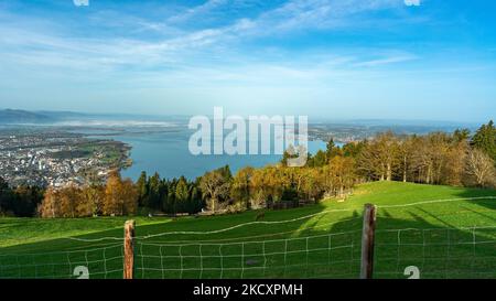 Herbstlicher Panoramablick vom Pfänder über den Bodensee, mit Blick auf Bregenz und Lindau Stockfoto