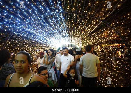 Menschen nehmen Selfies in der Nähe der Weihnachtsbeleuchtung Dekoration im Ibirapuera Park in Sao Paulo, Brasilien 12. Dezember 2021 (Foto von Cris FAGA/NurPhoto) Stockfoto