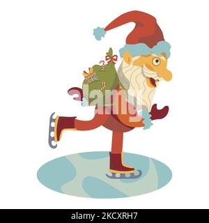 santa Skating mit einer Tasche von Geschenken auf Eis Neujahr weihnachtsvektor Charakter Stock Vektor