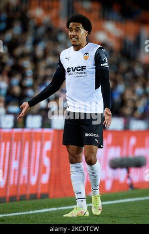 Helder Costa von Valencia CF reagiert während des La Liga Santander Spiels zwischen Valencia CF und Elche CF im Mestalla Stadion am 11. Dezember 2021 in Valencia, Spanien (Foto: David Aliaga/NurPhoto) Stockfoto