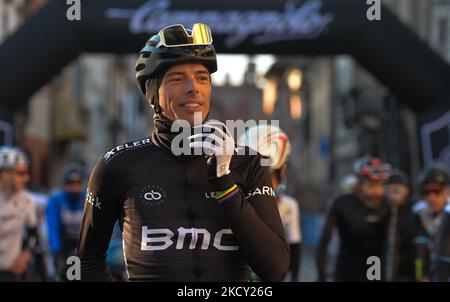 Alessando Ballan, ein ehemaliger italienischer Rennradprofi und UCI Road Race-Weltmeister von 2008, beim Start des Granfondo VENEtoGO, auf der Piazza Pierobon, Cittadella. Am Samstag, den 16. Oktober 2021, in Cittadella, Venetien, Italien. (Foto von Artur Widak/NurPhoto) Stockfoto