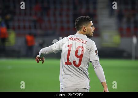 Giorgos Masouras #19 von Olympiakos während des Europa-League-Spiels zwischen dem belgischen Fußballteam Royal Antwerp FC und dem griechischen Fußballteam Olympiacos Piräus FC, in der Gruppe D der UEFA Europa League Gruppenphase. Bosuilstadion in Antwerpen, Belgien am 9. Dezember 2021 (Foto: Nicolas Economou/NurPhoto) Stockfoto