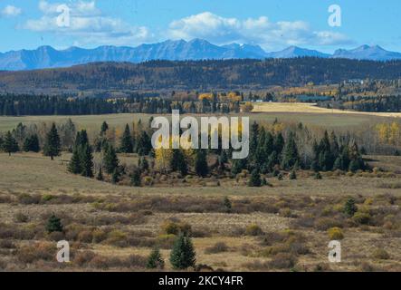 Panoramablick auf das County Foothills entlang des Highway 22, der offiziell als Cowboy Trail bezeichnet wird. Am Freitag, den 01. Oktober 2021, in Edmonton, Alberta, Kanada. (Foto von Artur Widak/NurPhoto) Stockfoto