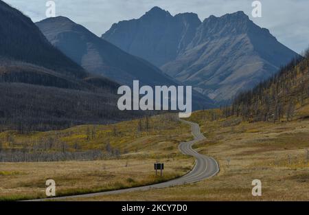 Blick auf den Red Rock Parkway, der 15 km durch hügelige Graslandschaften das Blakiston Valley hinauf führt und am Red Rock Canyon im Waterton Lakes National Park endet. Am Dienstag, den 5. Oktober 2021, in Waterton, Alberta, Kanada. (Foto von Artur Widak/NurPhoto) Stockfoto