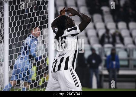 Juventus-Stürmer Moise Kean (18) zeigt am 21. Dezember 2021 im Allianz-Stadion in Turin, Piemont, Italien, eine Dejektion während des Fußballspiels der Serie A n.19 JUVENTUS - CAGLIARI. Endergebnis: Juventus-Cagliari 2-0. (Foto von Matteo Bottanelli/NurPhoto) Stockfoto
