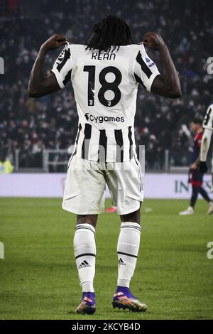 Juventus-Stürmer Moise Kean (18) feiert sein Tor, das er beim Fußballspiel der Serie A um 1-0:19 JUVENTUS - CAGLIARI am 21. Dezember 2021 im Allianz-Stadion in Turin, Piemont, Italien, erreicht hat. Endergebnis: Juventus-Cagliari 2-0. (Foto von Matteo Bottanelli/NurPhoto) Stockfoto