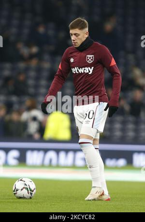 Harrison Ashby von West Ham United beim Vorspiel-Warm-up während des Carabao Cup Viertelfinales zwischen Tottenham Hotspur und West Ham United am 22.. Dezember 2021 im Tottenham Hotspur Stadion in London, England (Foto by Action Foto Sport/NurPhoto) Stockfoto