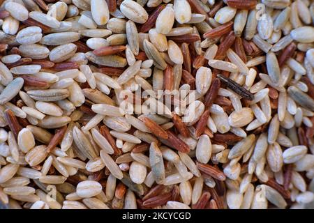 Masse von trockenem und mehrfarbigem Reis bereit zum Kochen. Stockfoto