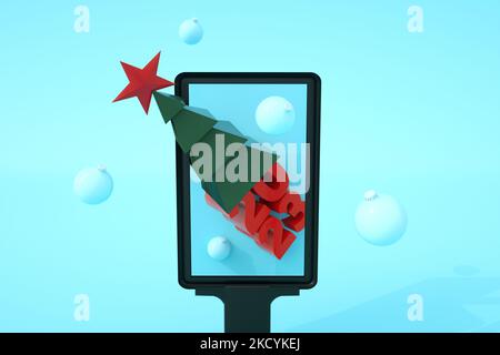 Grußkarte Frohes Neues Jahr 2023, Plakatwand mit weihnachtsbaum auf blauem Hintergrund, 3D Render Stockfoto