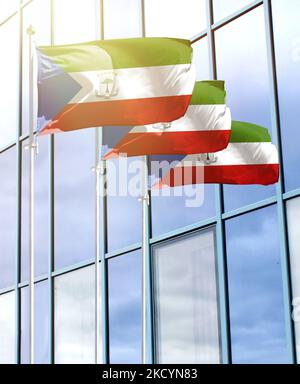 Fahnenmasten mit der Flagge Äquatorialguineas vor dem Geschäftszentrum Stockfoto