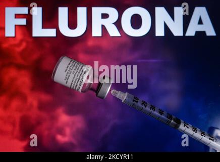 Ein illustratives Bild einer medizinischen Spritze und Pfizer-BioNTech Covid-19-Impfstofffläschchen. Am Dienstag, den 4. Januar 2021, Kanada. (Foto von Artur Widak/NurPhoto) Stockfoto