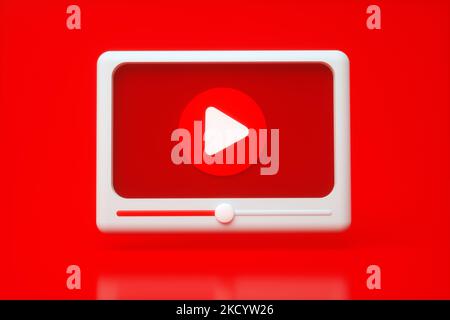 Social Media, minimal Video Media Player Interface über rotem Hintergrund, 3D Render Stockfoto