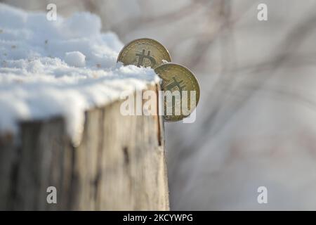 Illustratives Bild von zwei Gedenkbitcoins im Schnee. Am Donnerstag, den 6. Januar 2021, Kanada. (Foto von Artur Widak/NurPhoto) Stockfoto