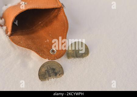 Illustratives Bild von zwei Gedenkbitcoins im Schnee. Am Donnerstag, den 6. Januar 2021, Kanada. (Foto von Artur Widak/NurPhoto) Stockfoto