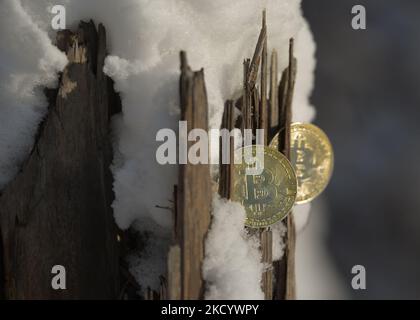 Illustratives Bild von zwei Gedenkbitcoins im Schnee. Am Donnerstag, den 6. Januar 2021, Kanada. (Foto von Artur Widak/NurPhoto) Stockfoto