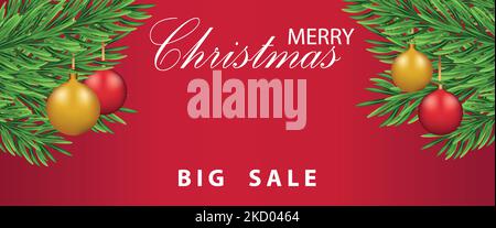 Breites Banner, mit Christbaumzweigen und Weihnachtskugeln und mit Platz für Text, Kopierraum. Auf einem roten Hintergrund. Werbung, Rabatte, Verkauf Stock Vektor