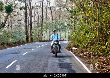 Der Mensch fährt auf einer kurvenreichen Straße durch ein Kautschukbaumgut in der Nähe des Plachery-Dorfes in Pathanamthitta, Kerala, Indien. (Foto von Creative Touch Imaging Ltd./NurPhoto) Stockfoto