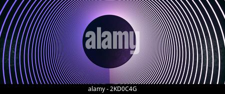 Neon-Kreise auf schwarzem Hintergrund, 3D Render, Panorama-Layout Stockfoto