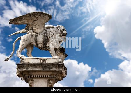 Marmorstatue des geflügelten Löwen des heiligen Markus, Symbol des Evangelisten, der Republik Venedig und der Region Venetien. Piazza dei Signori, Padua, Ital Stockfoto