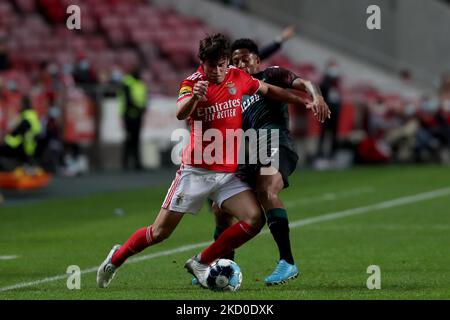 Paulo Bernardo von SL Benfica (L) steht am 15. Januar 2022 beim Fußballspiel der Portugiesischen Liga zwischen SL Benfica und Moreirense FC im Luz-Stadion in Lissabon, Portugal, mit Walterson Silva vom Moreirense FC auf dem Spiel. (Foto von Pedro FiÃºza/NurPhoto) Stockfoto