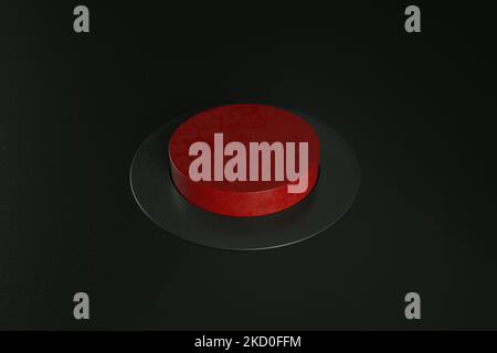 Roter Atomknopf auf schwarzem Hintergrund, 3D Render Stockfoto