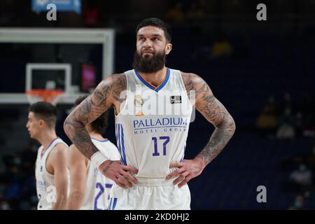 Vincent Poirier von Real Madrid in Aktion beim Basketballspiel der Endesa League zwischen Real Madrid und Casademont Zaragoza, das am 16. Januar 2022 im Wizink Center in Madrid stattfand (Foto: Oscar Gonzalez/NurPhoto) Stockfoto