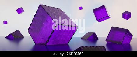 Surrealistischer abstrakter Hintergrund technologischer interstellarer Würfel, 3D Render, Panoramabild Stockfoto