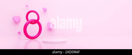 8. März Grußkarte mit Podium, 3D Render, Panorama-Mockup Stockfoto