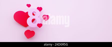 Postkarte vom 8. März, 3D Render, Panorama-Layout Stockfoto