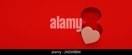 Nummer acht mit Herzen auf rotem Hintergrund, 3D Render, Postkarte für 8. märz, Panoramalastbild Stockfoto