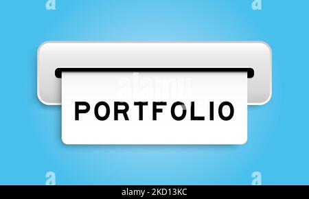 Weißes Coupon-Banner mit Word-Portfolio von Machine auf blauem Hintergrund Stock Vektor