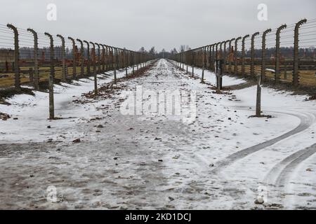 Das ehemalige Nazi-Deutsche Konzentrations- und Vernichtungslager Auschwitz II-Birkenau in Brzezinka bei Oswiecim, Polen, wurde am 27. Januar 2022 errichtet. (Foto von Beata Zawrzel/NurPhoto) Stockfoto