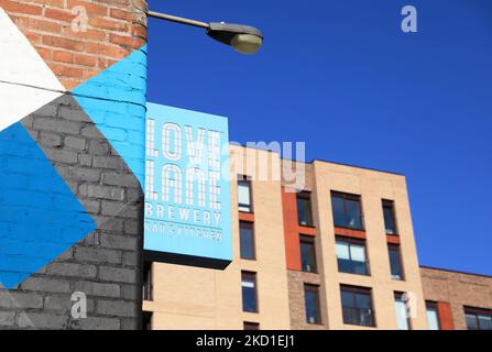 Das Baltic Triangle, einst ein Industriegebiet, ist ein unabhängiges, edgy, kreatives und digitales Viertel mit coolen Cafés und Indie-Start-ups in ehemaligen Lagerhäusern in der Jamaica Street in Liverpool, Großbritannien Stockfoto