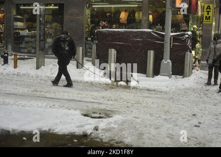 Am 29. Januar 2022 wandern Menschen in New York City durch den Schnee. Ein mächtiges Nor’easter brachte blendende Schneesturm-Bedingungen mit starken Winden, die weite Verbreitung von Stromausfällen auf einen Großteil der Küste des Mittelatlantiks und Neuenglands verursachten. (Foto von Deccio Serrano/NurPhoto) Stockfoto