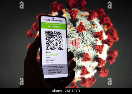 COVID Green Pass Impfpass - Foto-Illustration eines Displays eines Mobiltelefons mit einem International COVID Symbol Green Pass und einer Coronavirus-Illustration auf dem Bildschirm im Hintergrund. Der digitale Covid-19-Impfpass mit QR, einem internationalen Impfpass oder Gesundheitsausweis. Foto zum Thema gefälschte QR-Impfzertifikate. Derzeit breitet sich die Pandemie auf der fünften Welle des Coronavirus aus, wobei die omicron-Mutation die dominante Variante ist. Eindhoven, Niederlande am 29. Januar 2022 (Foto: Nicolas Economou/NurPhoto) Stockfoto