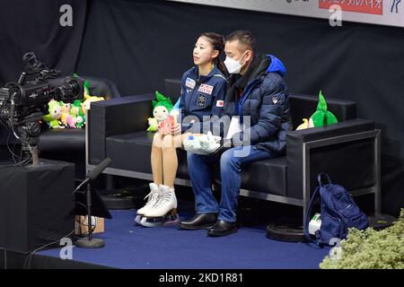 Rion SUMIYOSHI (JPN), bei Kiss & Cry während des Freilaufens der Frauen, beim ISU Grand Prix of Figure Skating - Grand Prix de France 2022, im Angers Ice Parc, am 5. November 2022 in Angers, Frankreich. Quelle: Raniero Corbelletti/AFLO/Alamy Live News Stockfoto