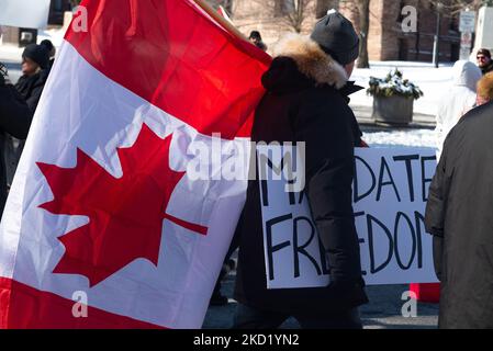 Demonstranten versammeln sich am 5. Februar 2022 in der Innenstadt von Toronto, Kanada, zu einem Protest gegen Covid-19-Impfmandate und -Beschränkungen. Anfang Februar 5 strömten erneut Demonstranten nach Toronto und Ottawa, um sich einem Speckerkonvoi anzuschließen, dessen Besetzung von Ottawa zur Anprangerung von Covid-Impfmandaten nun in der zweiten Woche stattfindet (Foto: Anatoliy Cherkasov/NurPhoto) Stockfoto